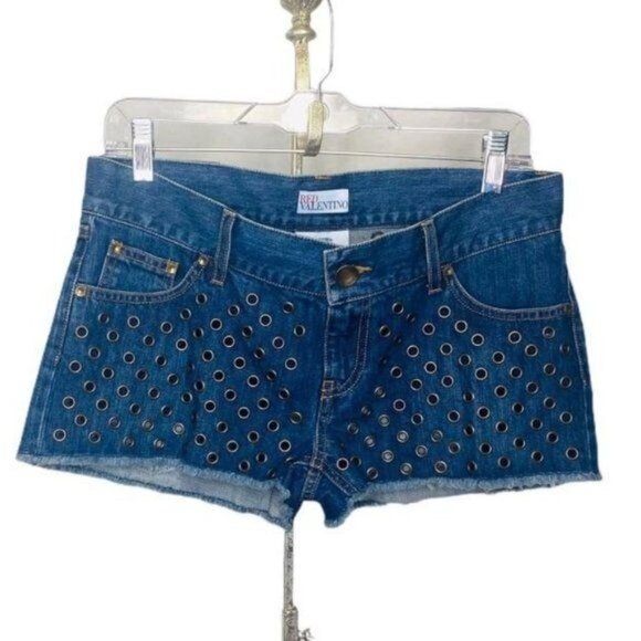 Red Valentino Mini Denim Shorts Five-Pocket Perforated Metal Grommets Sz 28 NWOT - Picture 2 of 7